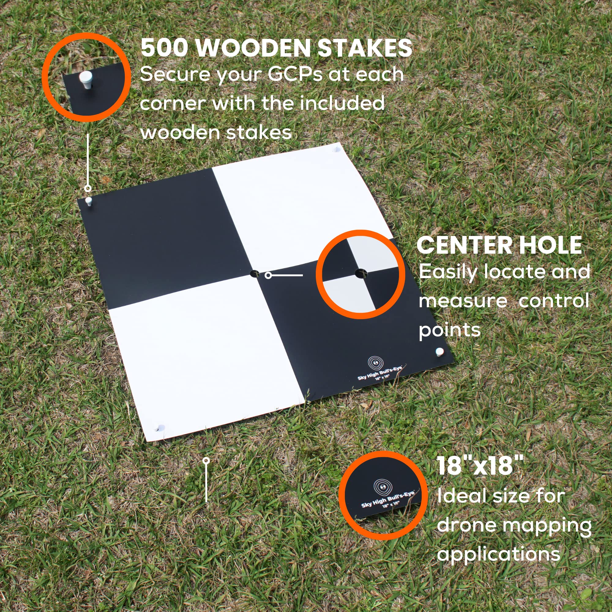 Disposable Ground Control Points for Drone Mapping & Surveying (100 Pack) with Center Hole (18”x18”) - Bonus Bag & 500 Stakes Included
