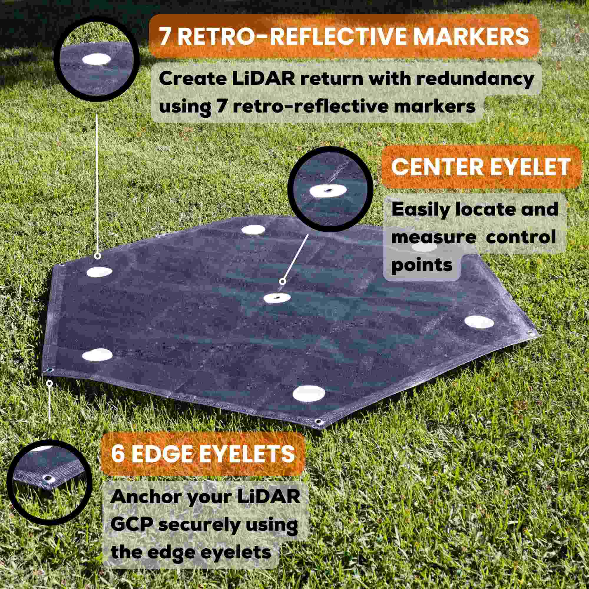 XL LiDAR Ground Control Point for LiDAR Mapping (6 Pack) Retro-Reflective Black Hexagon with Center Eyelet for Mapping & Photogrammetry